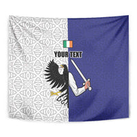 Close-up style view of white-and-blue tapestry flag with eagle and custom text
