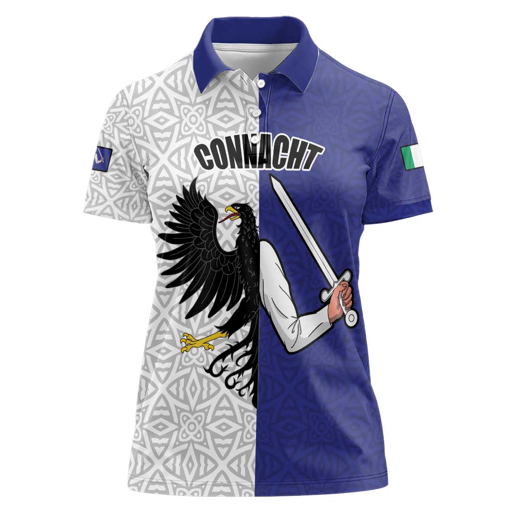 Personalized Ireland Connacht Black Eagle and Armed hand Women Polo Shirt Connachta Flag Style with Celtic Patern