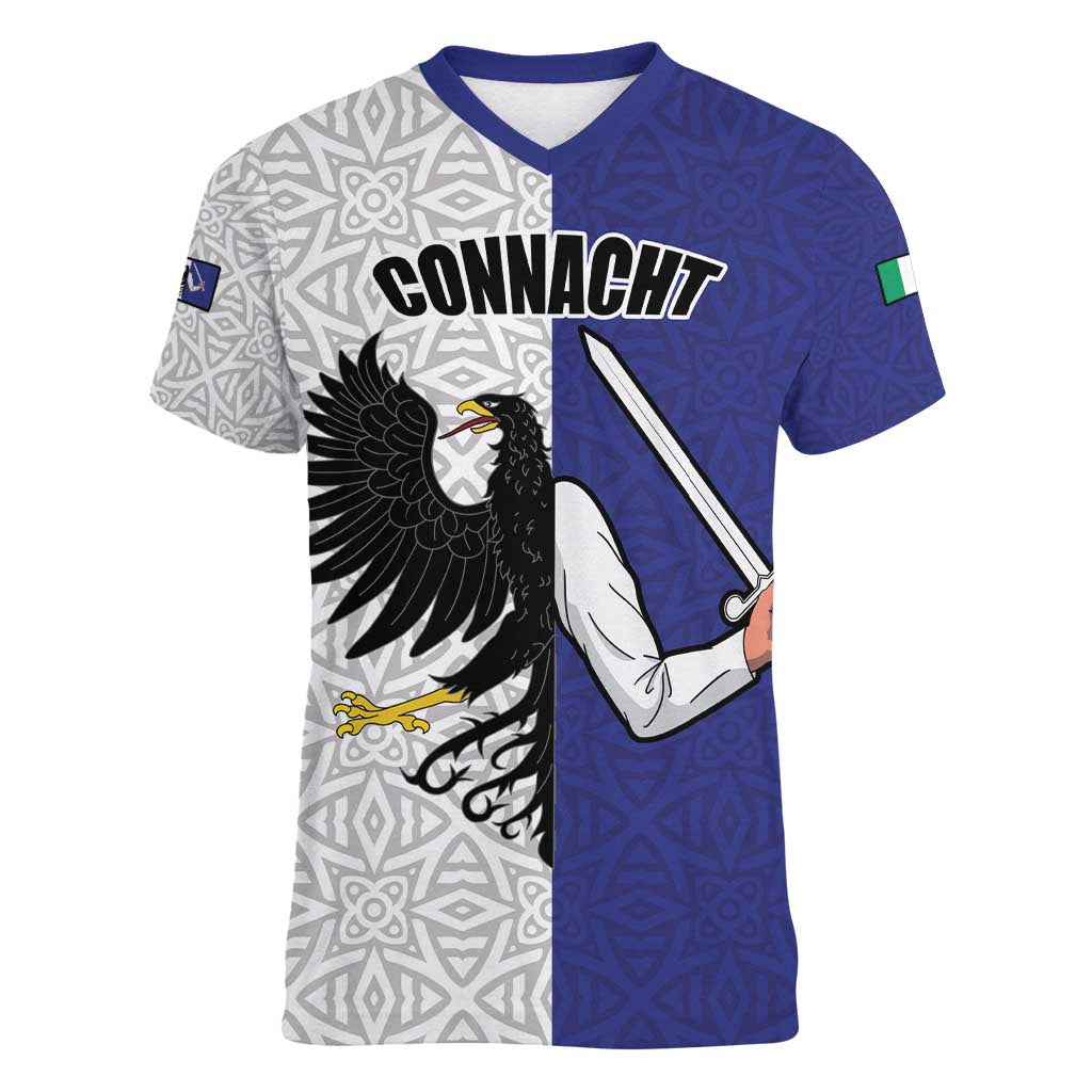 Personalized Ireland Connacht Black Eagle and Armed hand Women V-Neck T-Shirt Connachta Flag Style with Celtic Patern