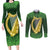 Ireland Leinster Gold Irish Harp with Shamrock Couples Matching Long Sleeve Bodycon Dress and Long Sleeve Button Shirt Laighin Flag With Shamrock Patern