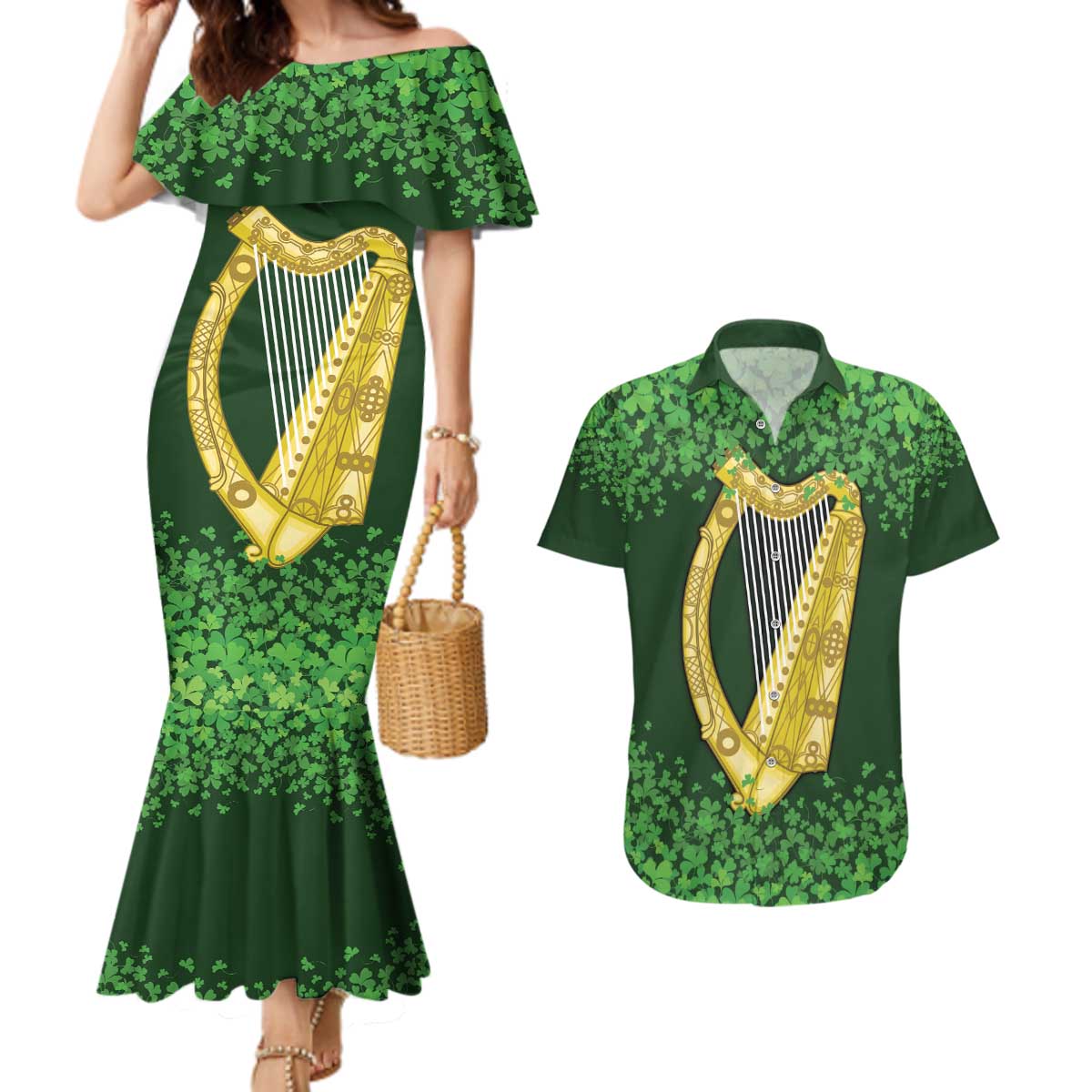 Ireland Leinster Gold Irish Harp with Shamrock Couples Matching Mermaid Dress and Hawaiian Shirt Laighin Flag With Shamrock Patern