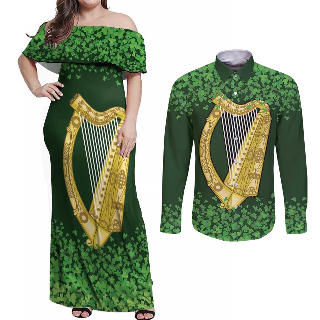 Ireland Leinster Gold Irish Harp with Shamrock Couples Matching Off Shoulder Maxi Dress and Long Sleeve Button Shirt Laighin Flag With Shamrock Patern