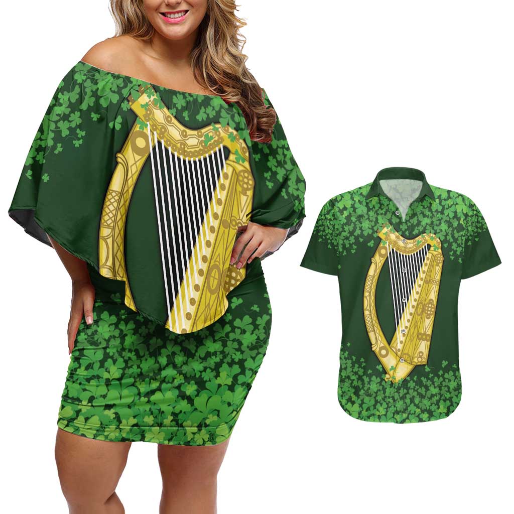 Ireland Leinster Gold Irish Harp with Shamrock Couples Matching Off Shoulder Short Dress and Hawaiian Shirt Laighin Flag With Shamrock Patern