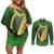 Ireland Leinster Gold Irish Harp with Shamrock Couples Matching Off Shoulder Short Dress and Long Sleeve Button Shirt Laighin Flag With Shamrock Patern