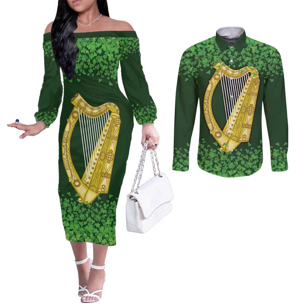 Ireland Leinster Gold Irish Harp with Shamrock Couples Matching Off The Shoulder Long Sleeve Dress and Long Sleeve Button Shirt Laighin Flag With Shamrock Patern