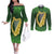 Ireland Leinster Gold Irish Harp with Shamrock Couples Matching Off The Shoulder Long Sleeve Dress and Long Sleeve Button Shirt Laighin Flag With Shamrock Patern