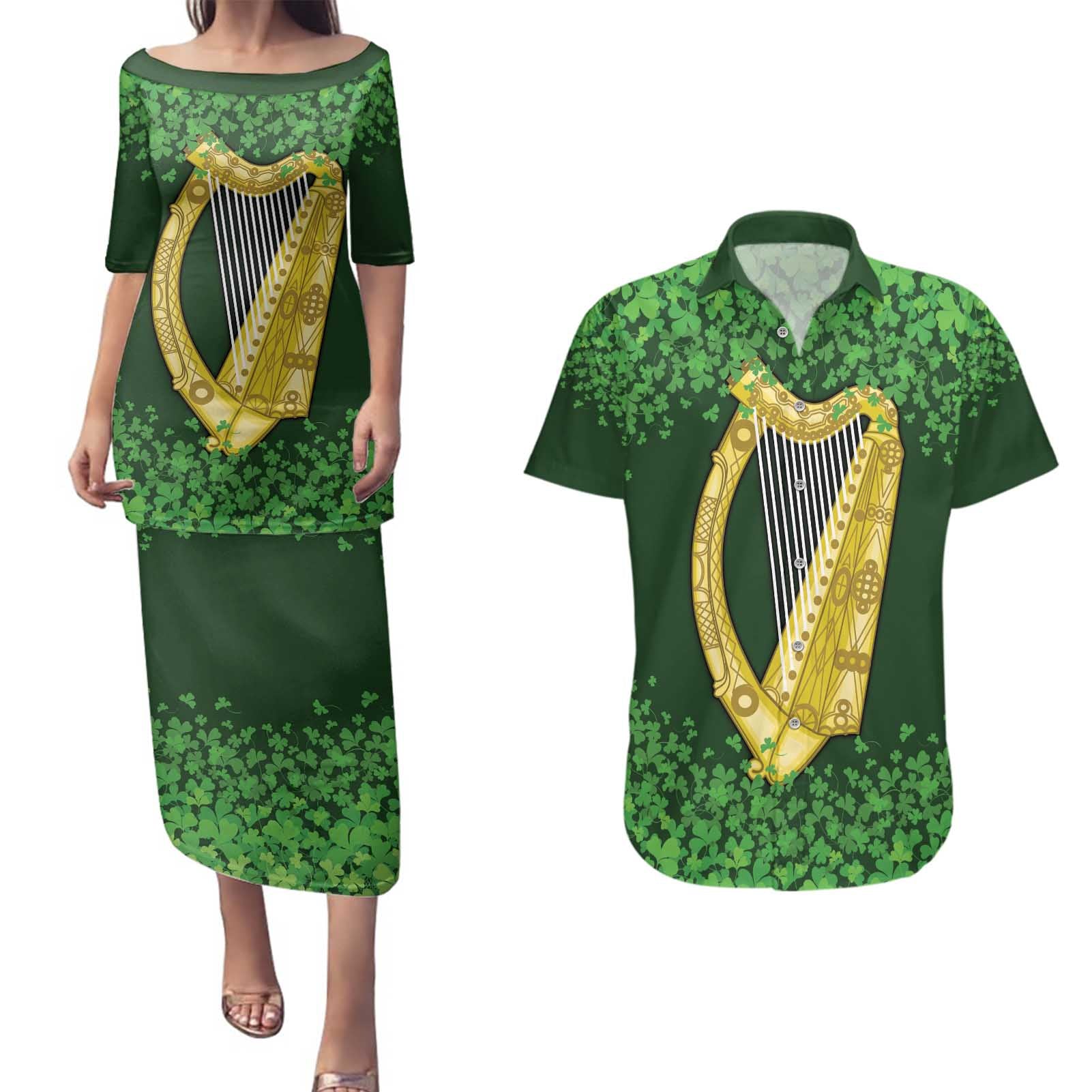 Ireland Leinster Gold Irish Harp with Shamrock Couples Matching Puletasi and Hawaiian Shirt Laighin Flag With Shamrock Patern