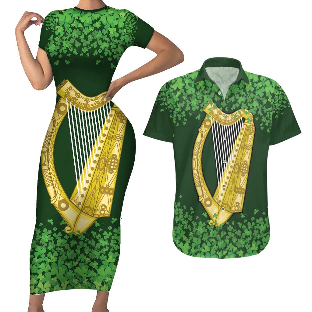 Ireland Leinster Gold Irish Harp with Shamrock Couples Matching Short Sleeve Bodycon Dress and Hawaiian Shirt Laighin Flag With Shamrock Patern