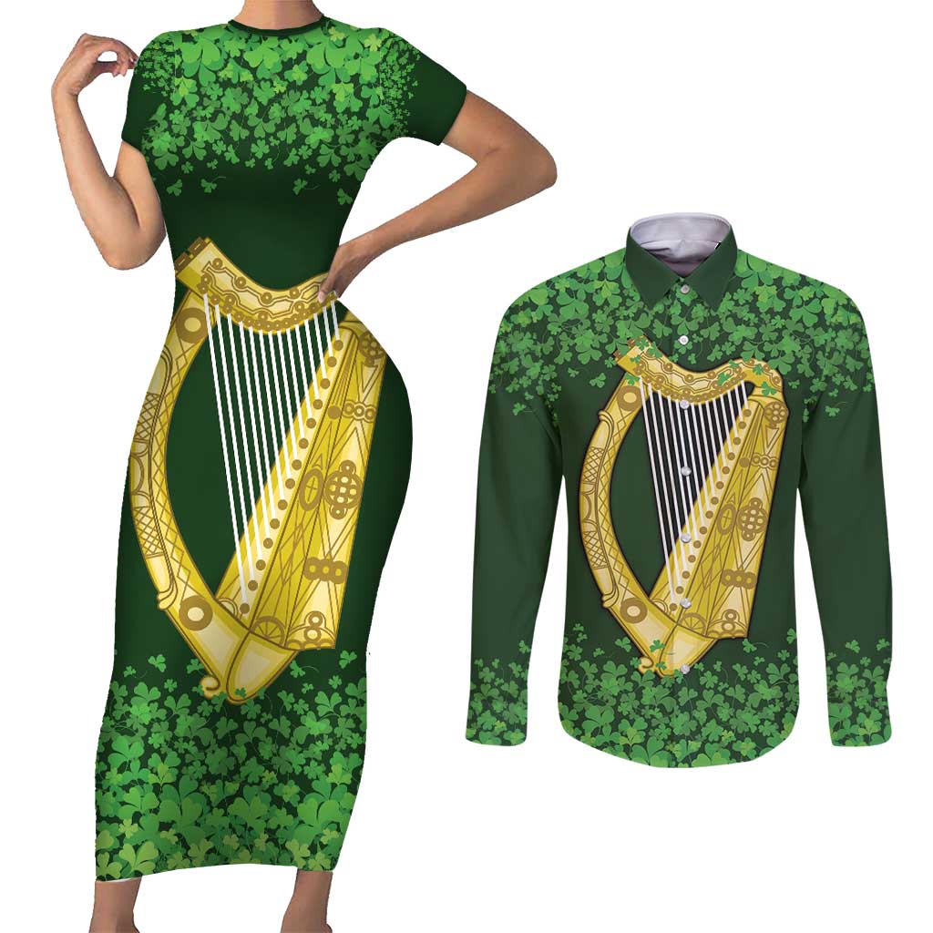 Ireland Leinster Gold Irish Harp with Shamrock Couples Matching Short Sleeve Bodycon Dress and Long Sleeve Button Shirt Laighin Flag With Shamrock Patern