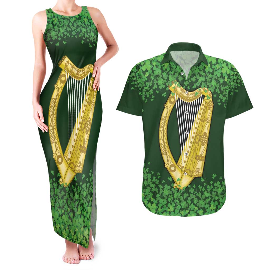 Ireland Leinster Gold Irish Harp with Shamrock Couples Matching Tank Maxi Dress and Hawaiian Shirt Laighin Flag With Shamrock Patern