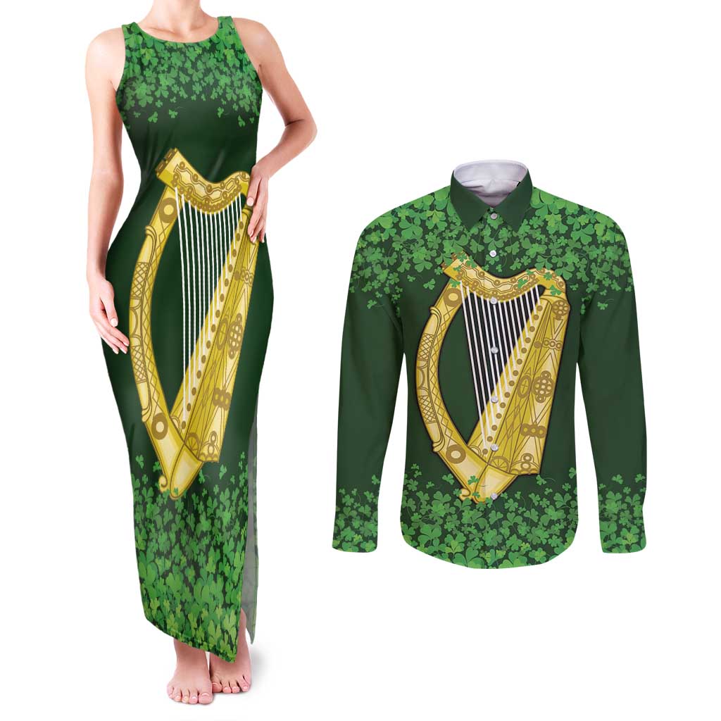 Ireland Leinster Gold Irish Harp with Shamrock Couples Matching Tank Maxi Dress and Long Sleeve Button Shirt Laighin Flag With Shamrock Patern