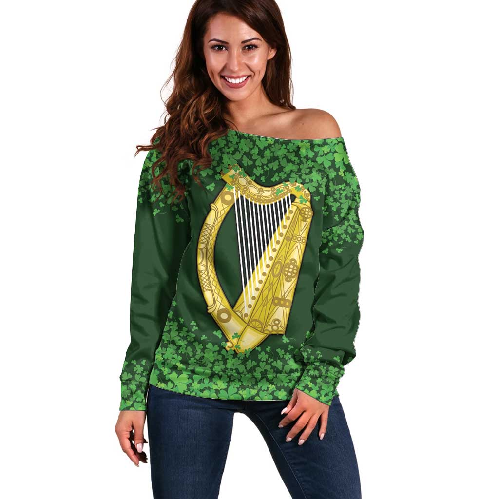 Ireland Leinster Gold Irish Harp with Shamrock Off Shoulder Sweater Laighin Flag With Shamrock Patern