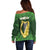 Ireland Leinster Gold Irish Harp with Shamrock Off Shoulder Sweater Laighin Flag With Shamrock Patern