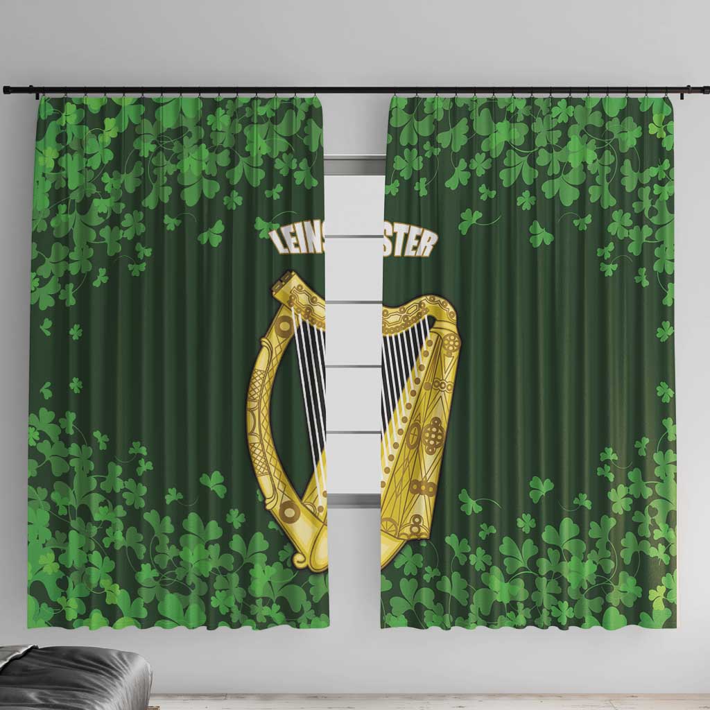 Green shamrock window curtain panels with gold Leinster harp crest and two hanging drapes