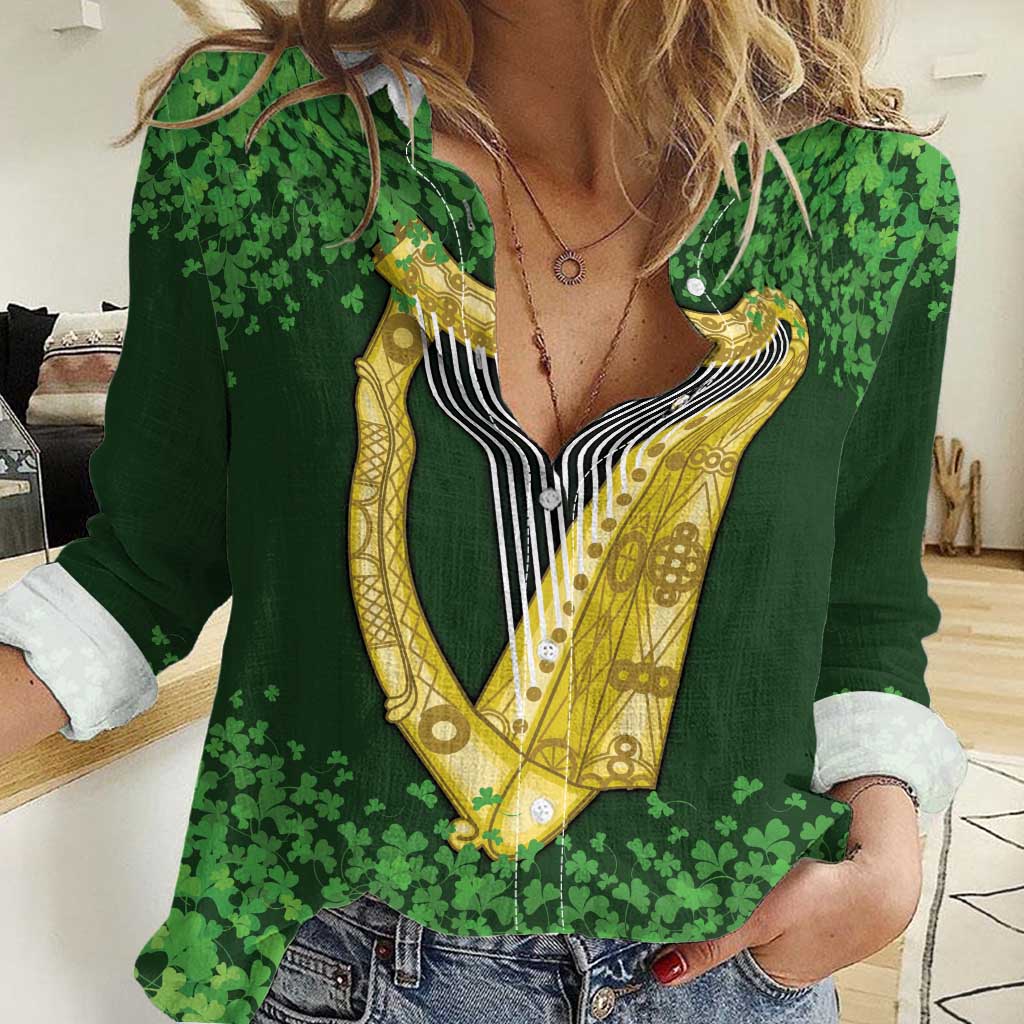 Ireland Leinster Gold Irish Harp with Shamrock Women Casual Shirt Laighin Flag With Shamrock Patern