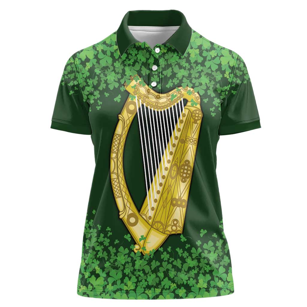 Ireland Leinster Gold Irish Harp with Shamrock Women Polo Shirt Laighin Flag With Shamrock Patern