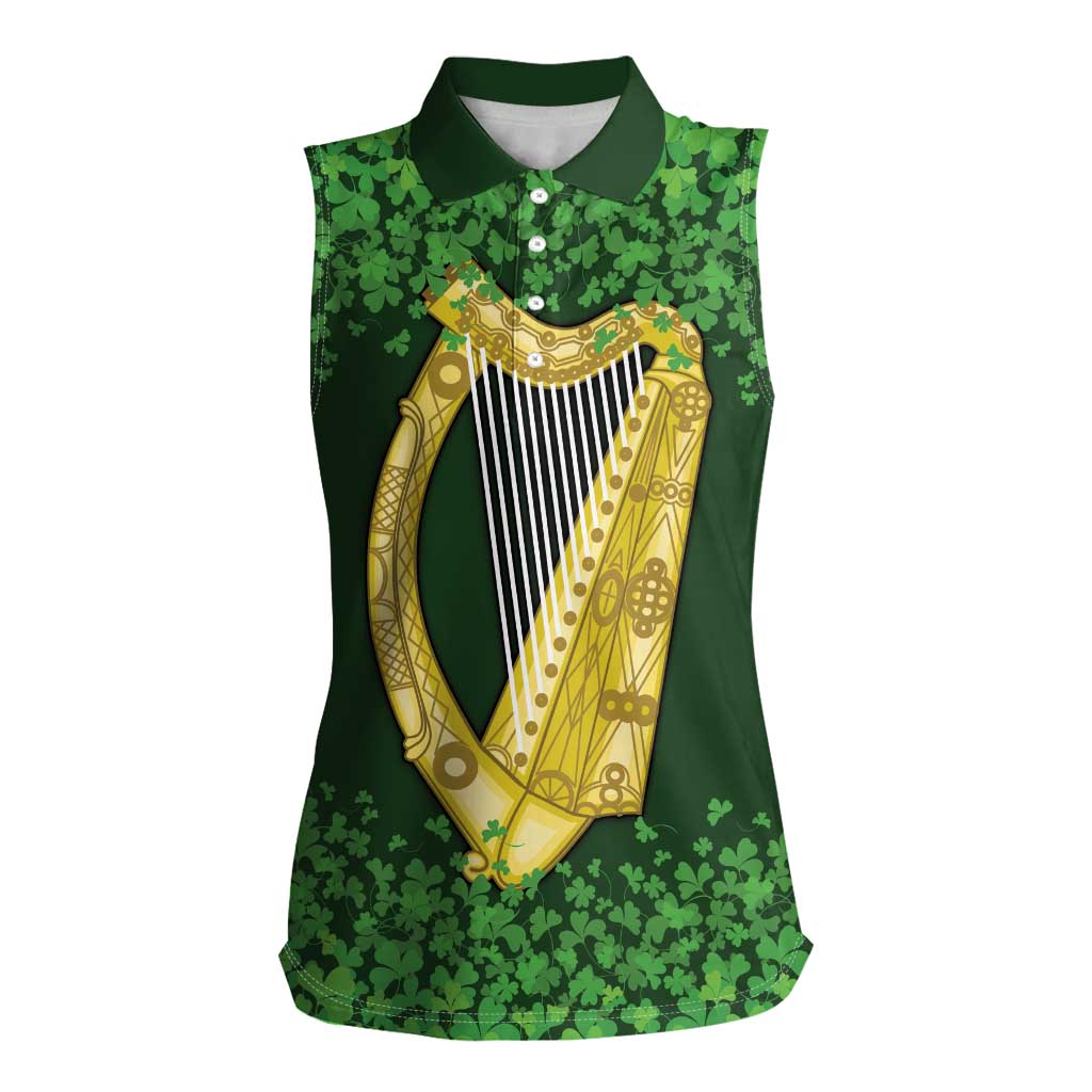 Ireland Leinster Gold Irish Harp with Shamrock Women Sleeveless Polo Shirt Laighin Flag With Shamrock Patern