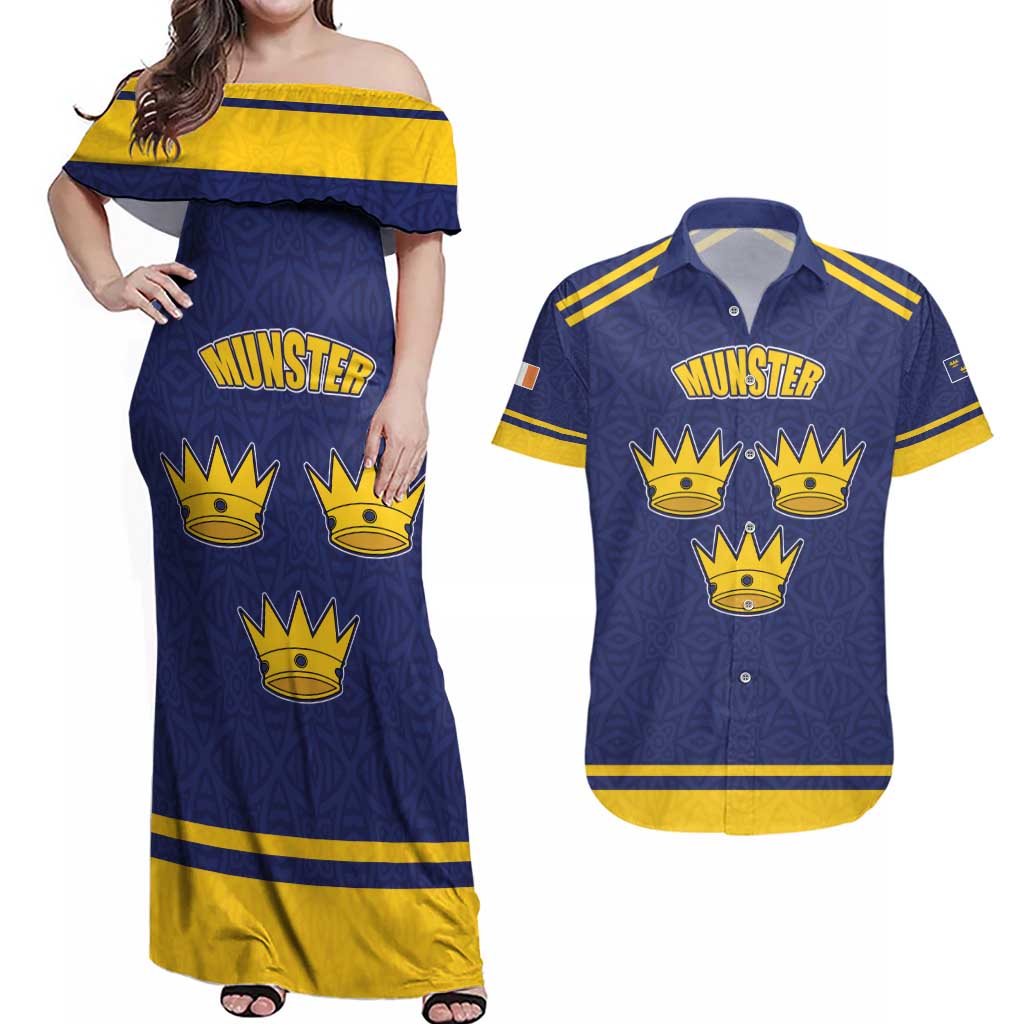 Personalized Ireland Munster Three Gold Crowns Couples Matching Off Shoulder Maxi Dress and Hawaiian Shirt An Mhumhain Flag Three Gold Crowns