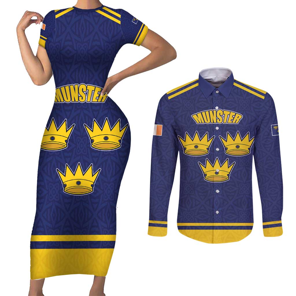 Personalized Ireland Munster Three Gold Crowns Couples Matching Short Sleeve Bodycon Dress and Long Sleeve Button Shirt An Mhumhain Flag Three Gold Crowns