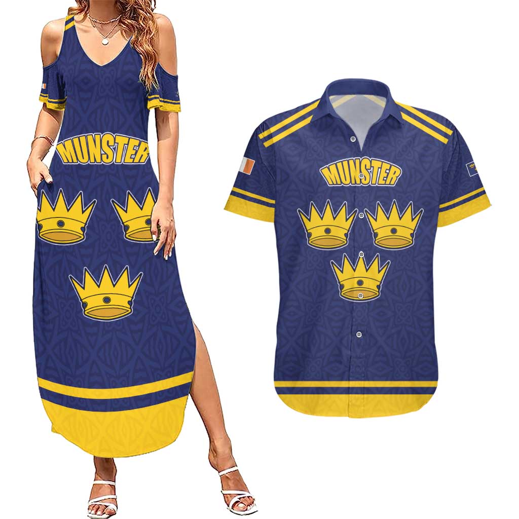 Personalized Ireland Munster Three Gold Crowns Couples Matching Summer Maxi Dress and Hawaiian Shirt An Mhumhain Flag Three Gold Crowns