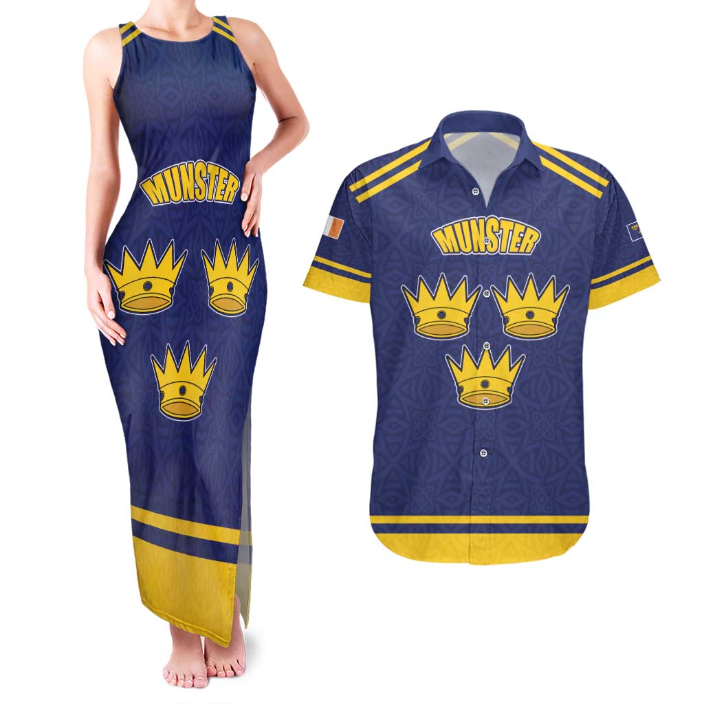 Personalized Ireland Munster Three Gold Crowns Couples Matching Tank Maxi Dress and Hawaiian Shirt An Mhumhain Flag Three Gold Crowns