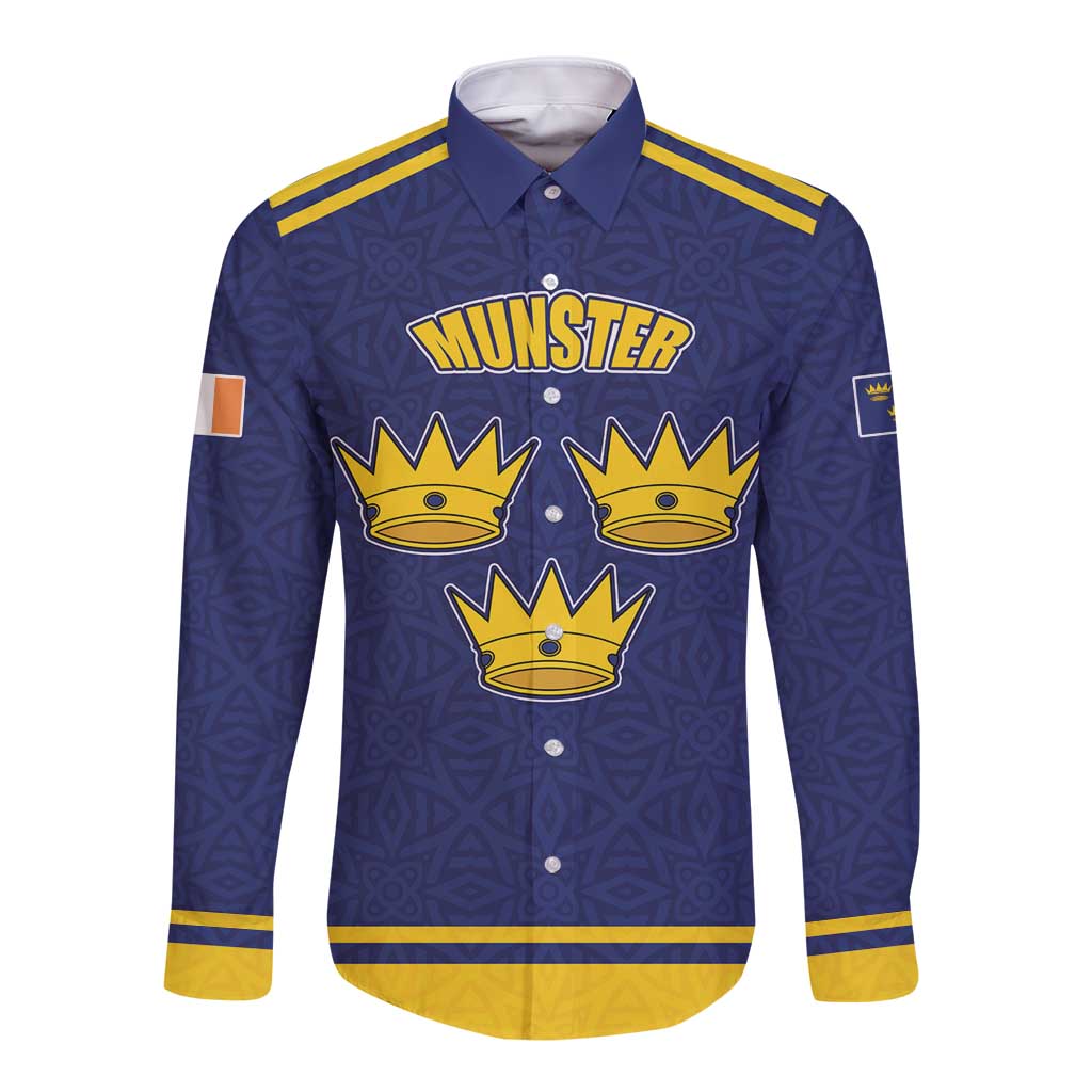 Blue long-sleeve button shirt with Munster crest and three gold crowns on front