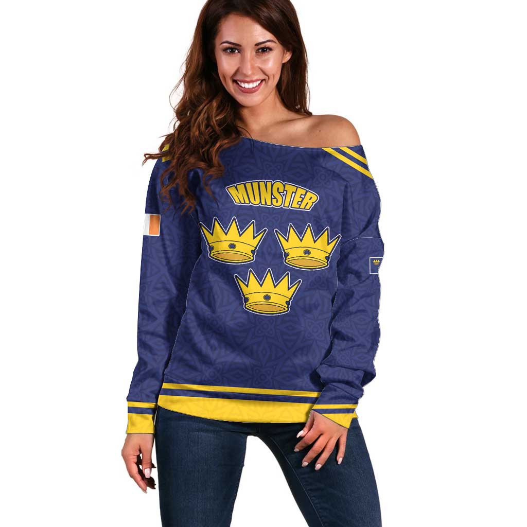 Personalized Ireland Munster Three Gold Crowns Off Shoulder Sweater An Mhumhain Flag Three Gold Crowns