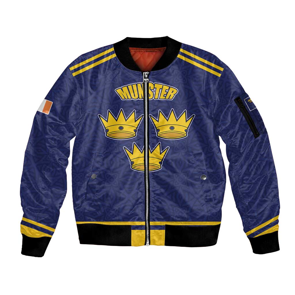 Personalized Ireland Munster Three Gold Crowns Sleeve Zip Bomber Jacket An Mhumhain Flag Three Gold Crowns