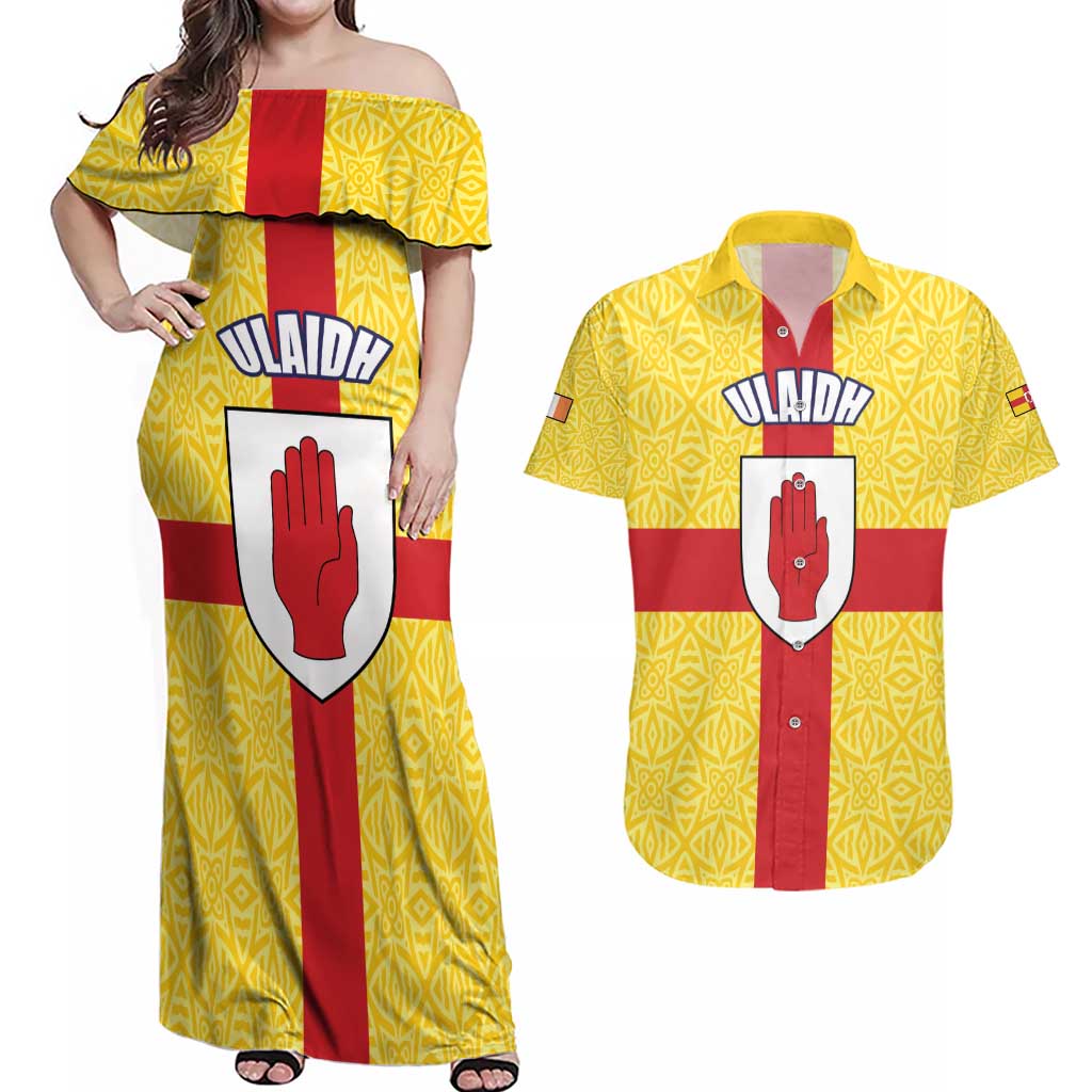 Personalized Ireland Ulster Couples Matching Off Shoulder Maxi Dress and Hawaiian Shirt Ulaidh Flag With Celtic Patern