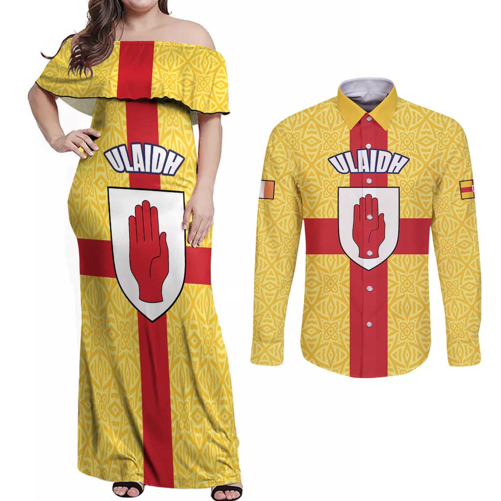 Personalized Ireland Ulster Couples Matching Off Shoulder Maxi Dress and Long Sleeve Button Shirt Ulaidh Flag With Celtic Patern