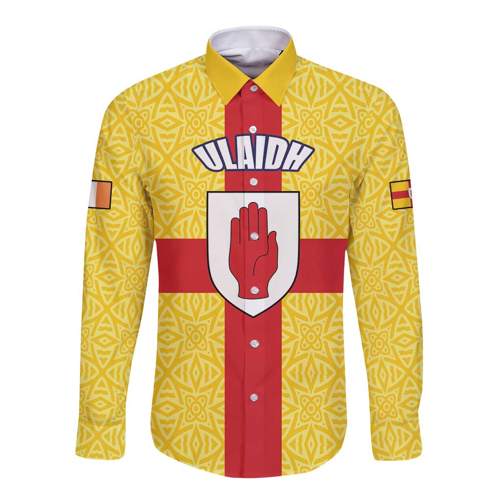 Yellow long-sleeve button shirt with patterned design and ULAIDH crest graphic