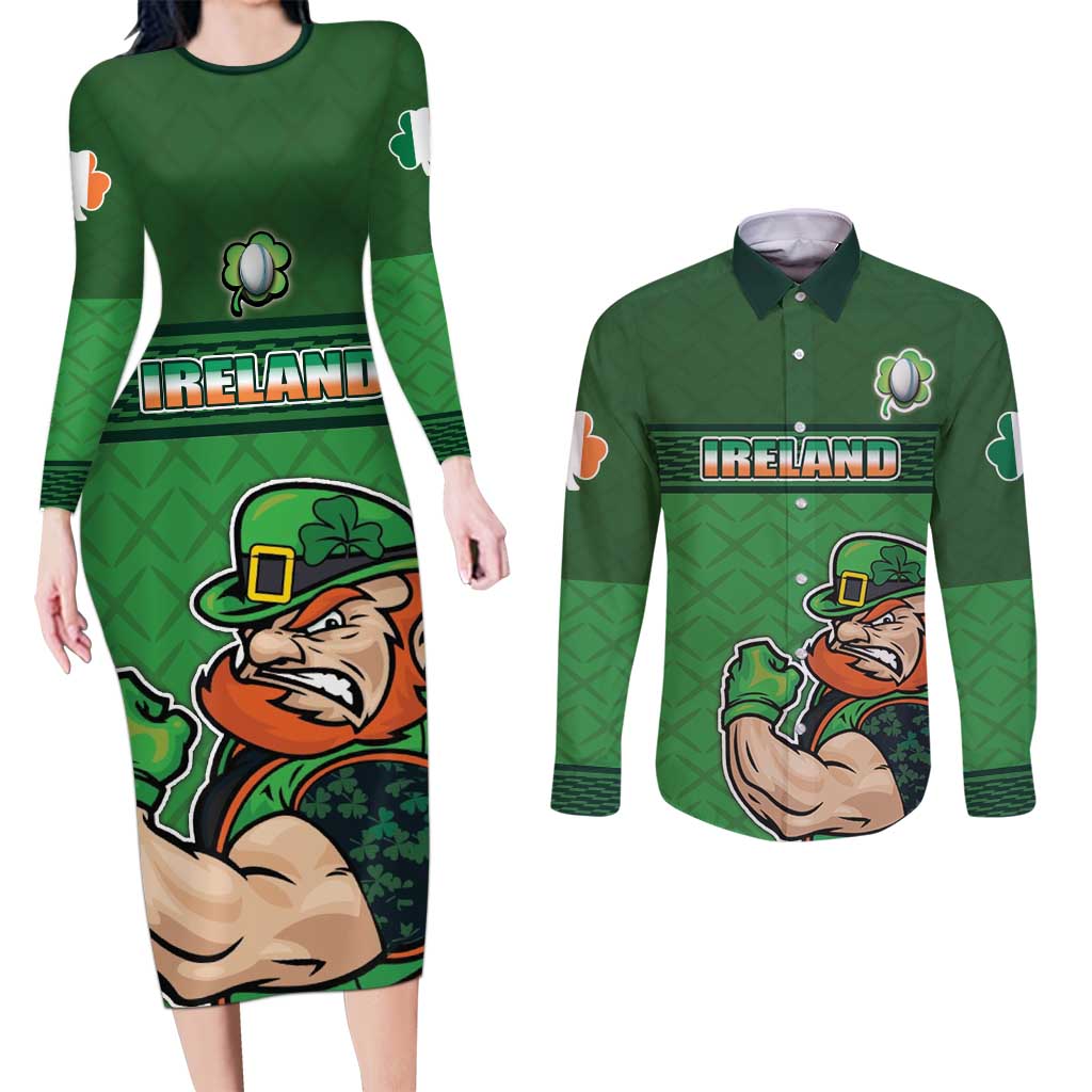 Custom Ireland Rugby with Celtic Pattern Couples Matching Long Sleeve Bodycon Dress and Long Sleeve Button Shirt Shamrock Go Champions