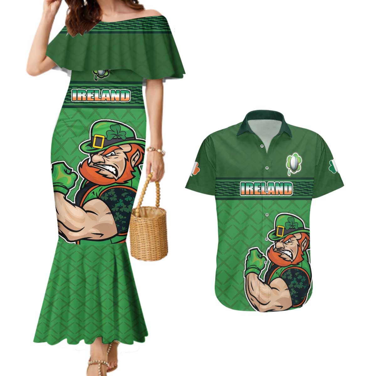 Custom Ireland Rugby with Celtic Pattern Couples Matching Mermaid Dress and Hawaiian Shirt Shamrock Go Champions