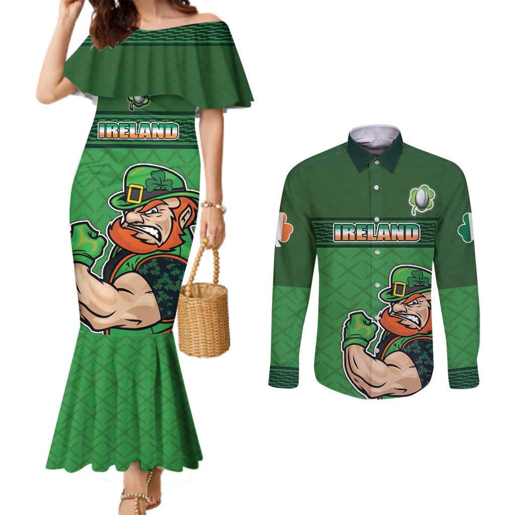 Custom Ireland Rugby with Celtic Pattern Couples Matching Mermaid Dress and Long Sleeve Button Shirt Shamrock Go Champions