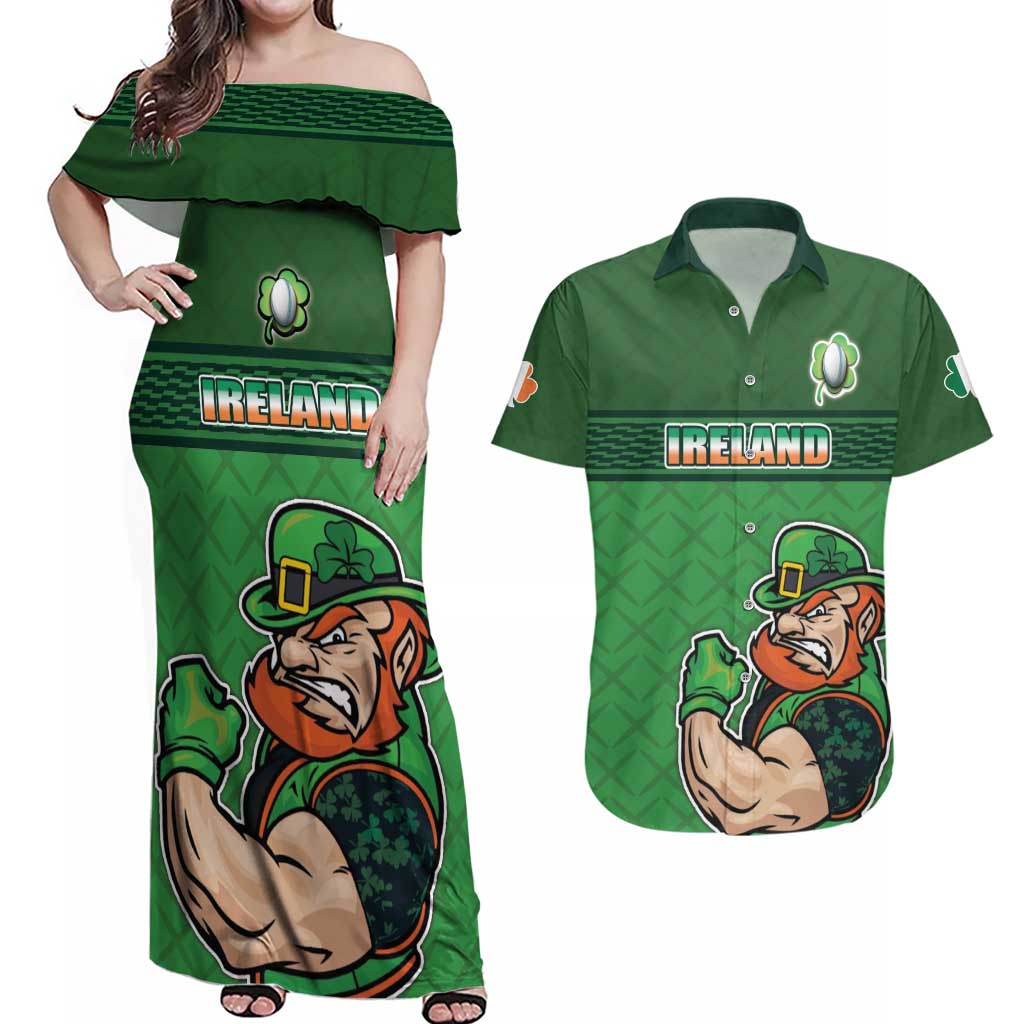 Custom Ireland Rugby with Celtic Pattern Couples Matching Off Shoulder Maxi Dress and Hawaiian Shirt Shamrock Go Champions