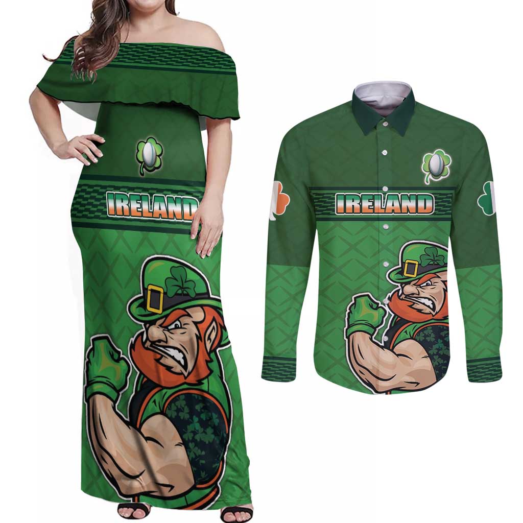 Custom Ireland Rugby with Celtic Pattern Couples Matching Off Shoulder Maxi Dress and Long Sleeve Button Shirt Shamrock Go Champions