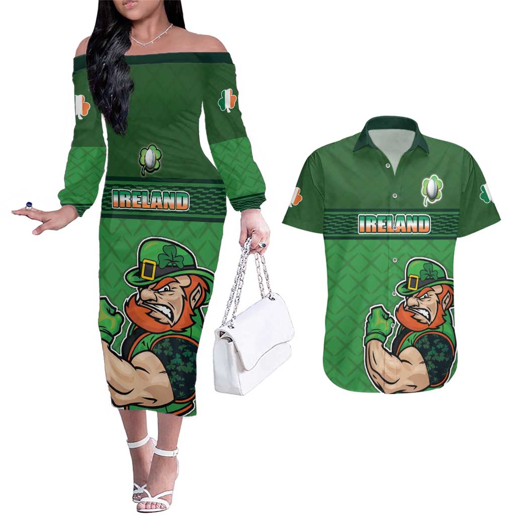 Custom Ireland Rugby with Celtic Pattern Couples Matching Off The Shoulder Long Sleeve Dress and Hawaiian Shirt Shamrock Go Champions