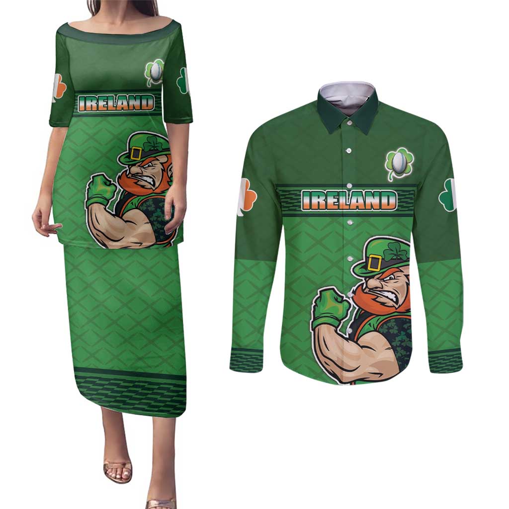 Custom Ireland Rugby with Celtic Pattern Couples Matching Puletasi and Long Sleeve Button Shirt Shamrock Go Champions