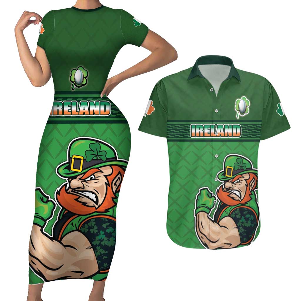 Custom Ireland Rugby with Celtic Pattern Couples Matching Short Sleeve Bodycon Dress and Hawaiian Shirt Shamrock Go Champions