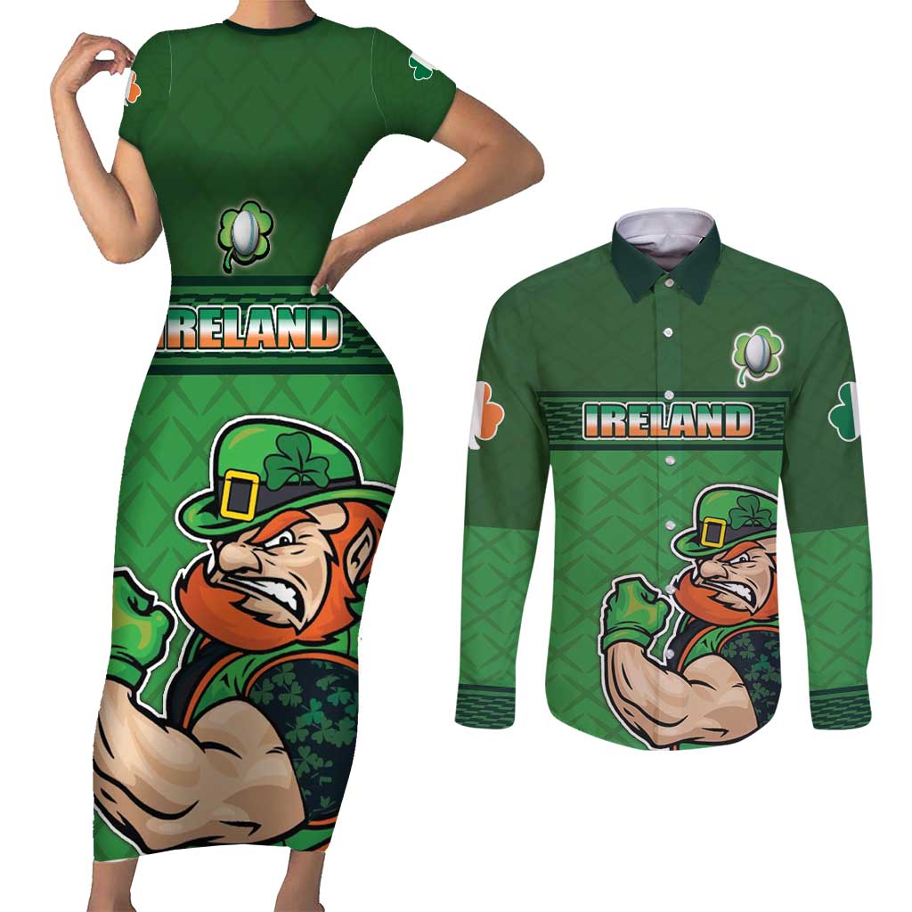 Custom Ireland Rugby with Celtic Pattern Couples Matching Short Sleeve Bodycon Dress and Long Sleeve Button Shirt Shamrock Go Champions