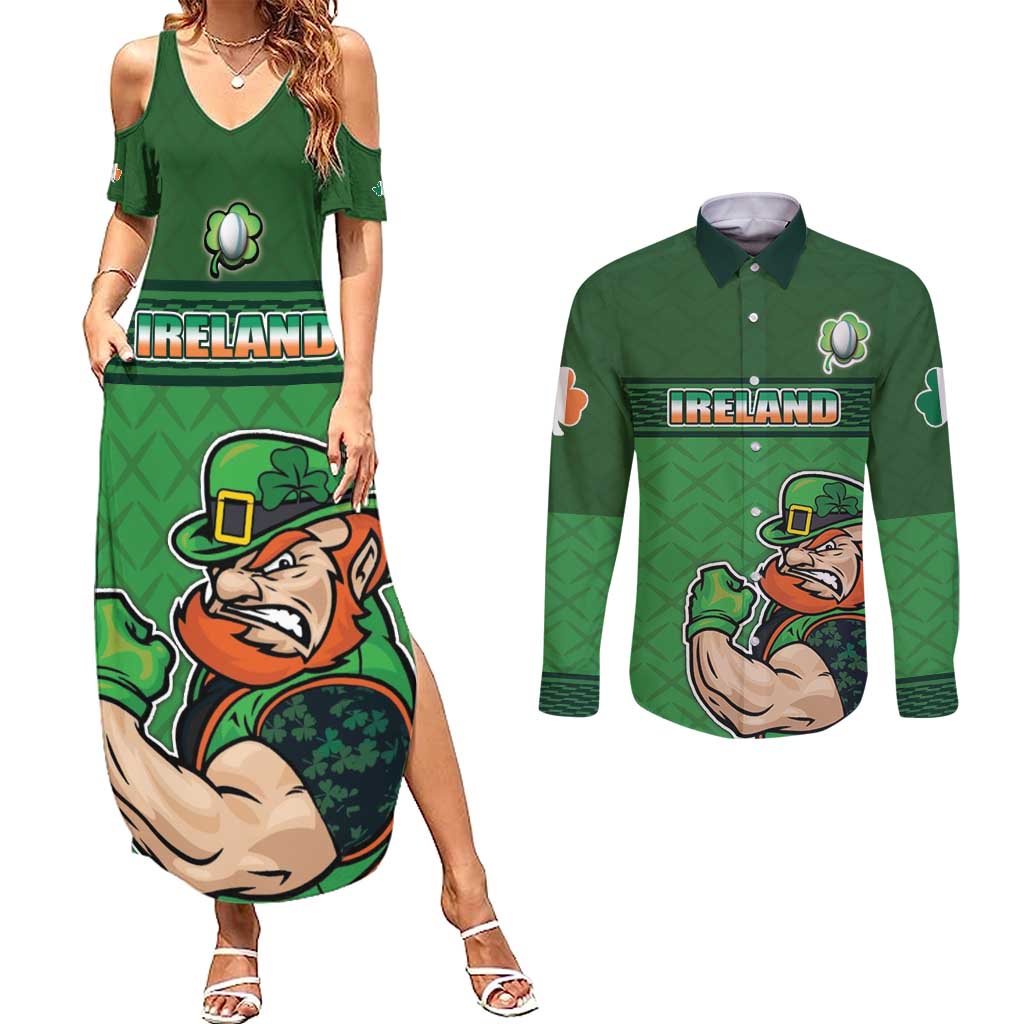 Custom Ireland Rugby with Celtic Pattern Couples Matching Summer Maxi Dress and Long Sleeve Button Shirt Shamrock Go Champions