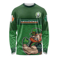 Green long-sleeve rugby shirt with Ireland graphic, leprechaun mascot, shamrocks and patterns
