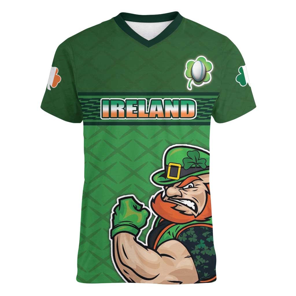 Custom Ireland Rugby with Celtic Pattern Women V-Neck T-Shirt Shamrock Go Champions