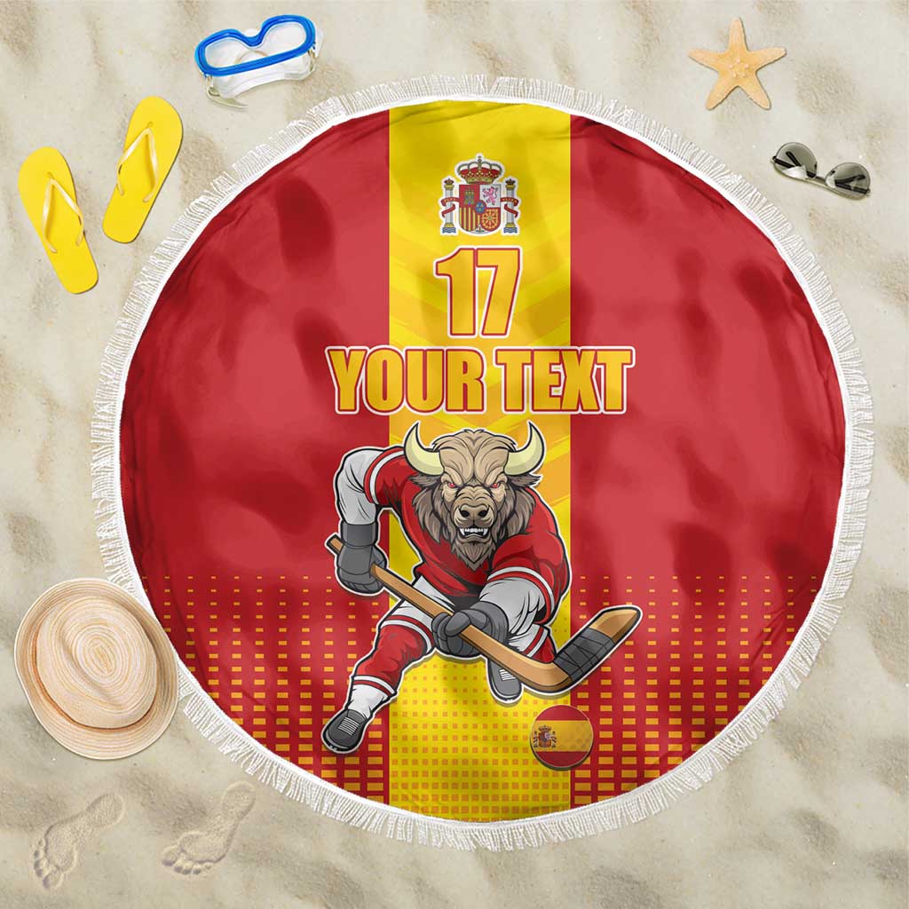 Red round beach blanket with white fringe, Spain bull hockey mascot and 'YOUR TEXT' print.