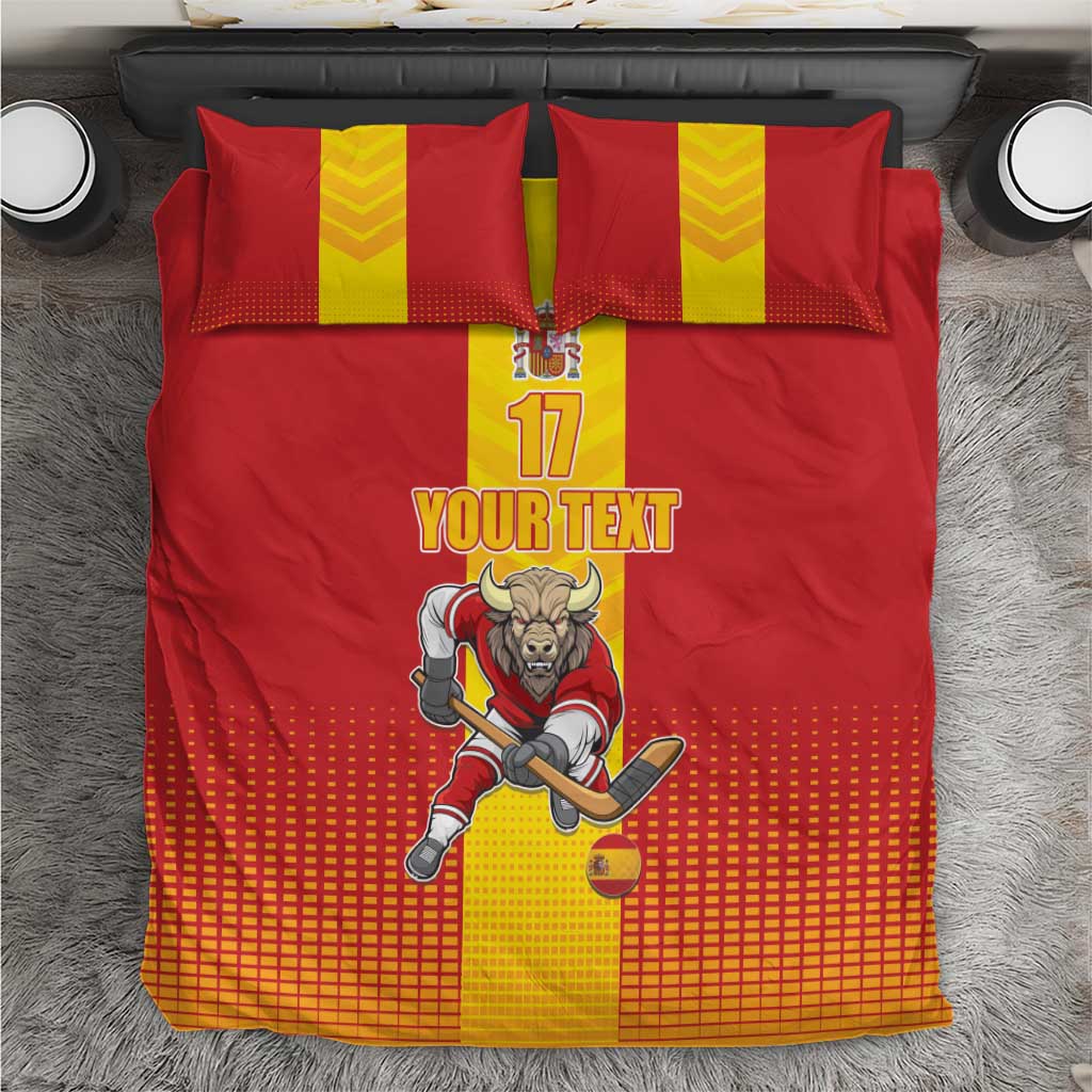 Red and yellow Spain field hockey bedding set with bull mascot, number 17, and “YOUR TEXT”