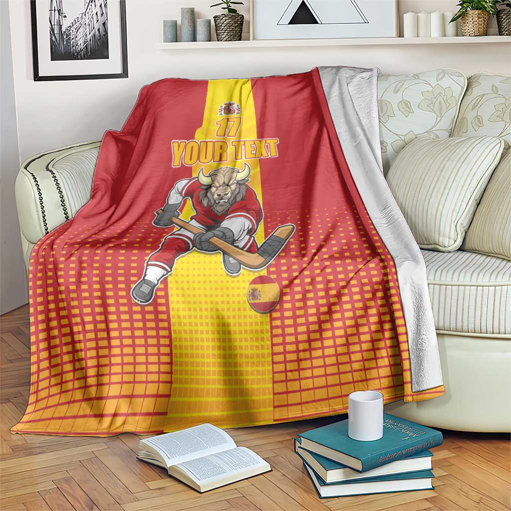 Red & yellow field hockey blanket with bull goalie mascot and yellow grid pattern