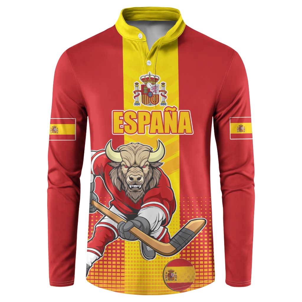 Red button sweatshirt with Spain crest, bull mascot, and hockey graphic