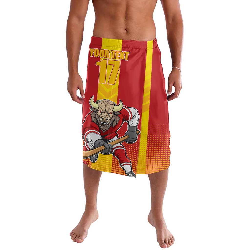 Red and yellow field hockey shorts with bull mascot and number 17 front graphic