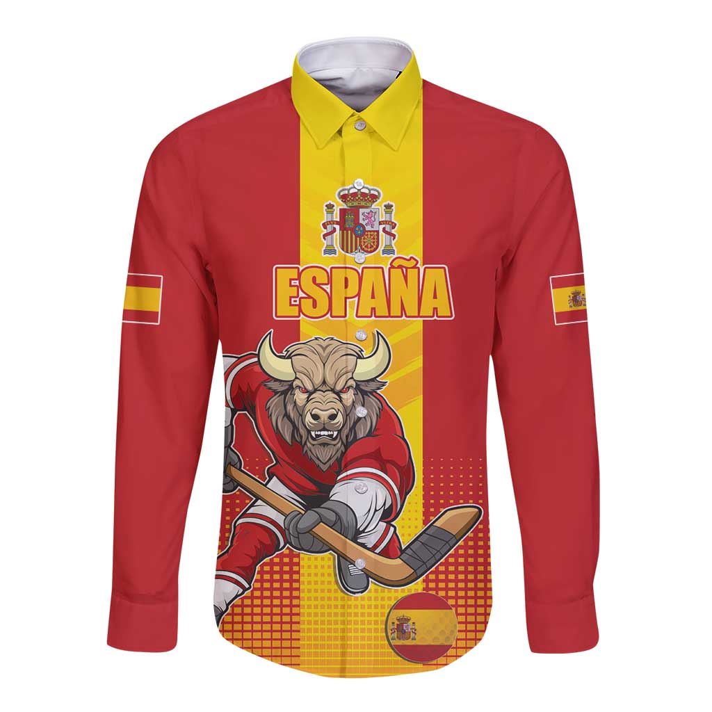 Red long-sleeve button sport shirt with yellow Spain graphic and bull mascot, unisex