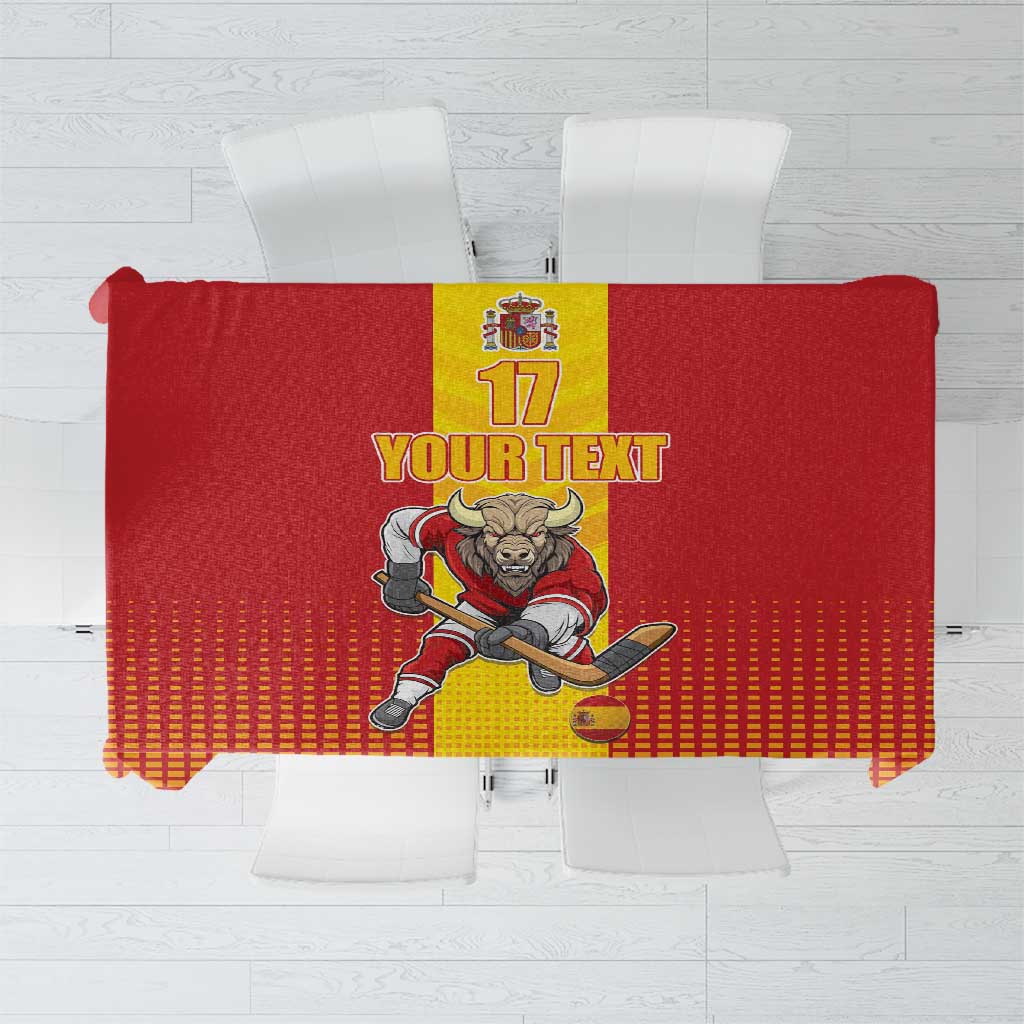 Red and yellow Spain field hockey tablecloth with bull mascot, crown crest, and 17 graphic